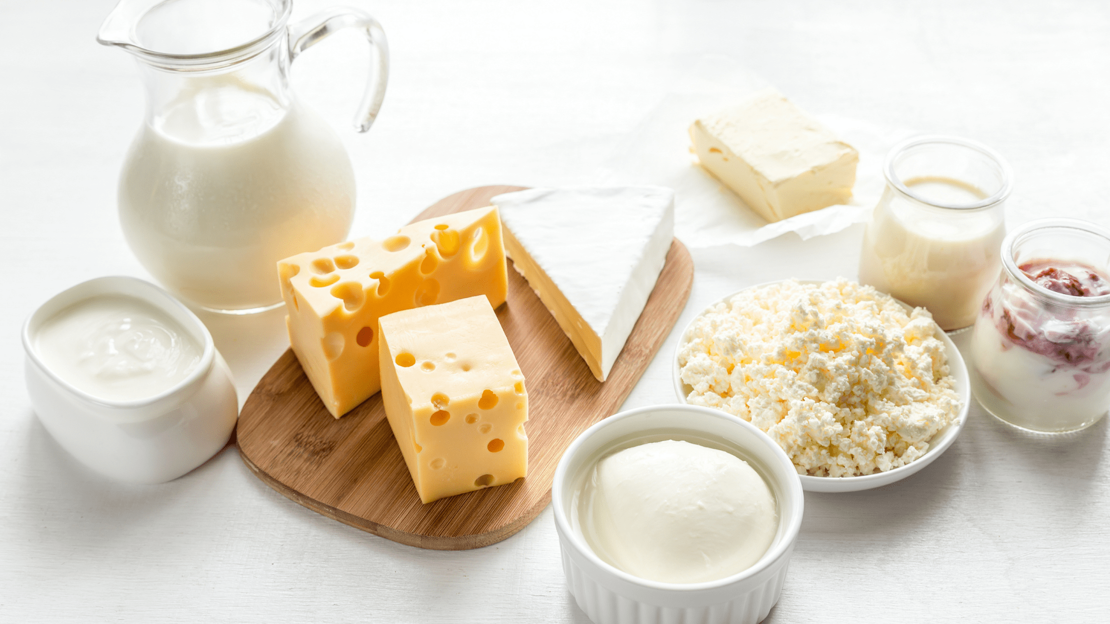 Various dairy products like milk and cheese