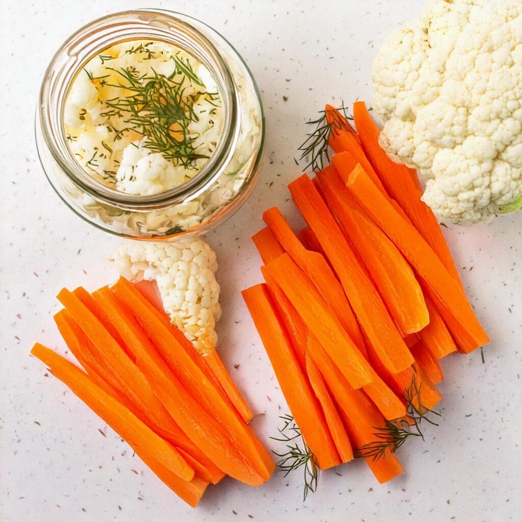 Fermented Cauliflower and Rainbow Carrot Sticks